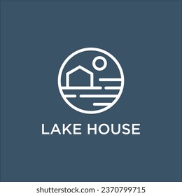 line art lake house and sun in circle logo vector