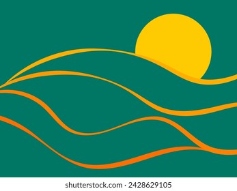 Line art landscape in a minimalist style. Wavy landscape with the sun on the horizon. Boho decor for interior design. Mid-century modern decor. Design for banner and poster. Vector illustration