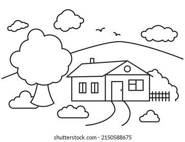 Line art landscape, village house, trees, plants, clouds and birds. Stroke, outline drawn illustration. Farm, agricultural landscape. Summer time, nature illustration. 