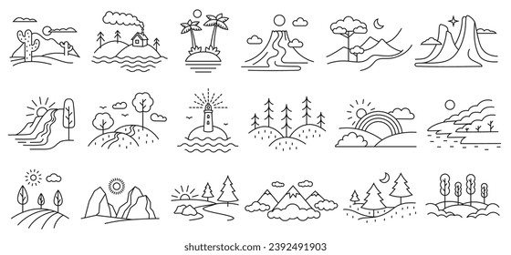 Line art landscapes. Nature terrain, traveling and hiking locations outline vector set with editable stroke paths of landscape view geometric illustration