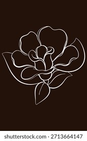 Arte de línea Grande floración rosa con hojas pétalo de flor marrón oscuro
