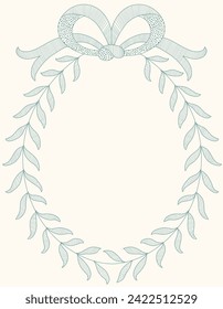 Line art laurel wreath with bow, Romantic floral frame with empty space for a Wedding or Baptism monogram