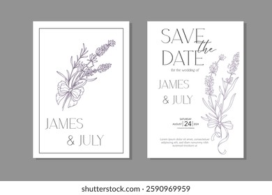 Line Art Lavender Flowers. Lavender Wedding Invitation template, Outline Lavender Flowers Minimalist Wedding Design, Summer Wedding invite template