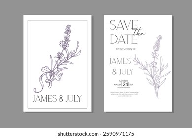 Line Art Lavender Flowers. Lavender Wedding Invitation template, Outline Lavender Flowers Minimalist Wedding Design, Summer Wedding invite template