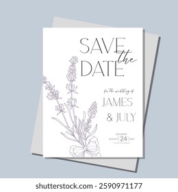 Line Art Lavender Flowers. Lavender Wedding Invitation template, Outline Lavender Flowers Minimalist Wedding Design, Summer Wedding invite template