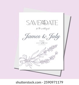 Line Art Lavender Flowers. Lavender Wedding Invitation template, Outline Lavender Flowers Minimalist Wedding Design, Summer Wedding invite template