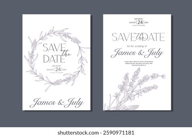 Line Art Lavender Flowers. Lavender Wedding Invitation template, Outline Lavender Flowers Minimalist Wedding Design, Summer Wedding invite template