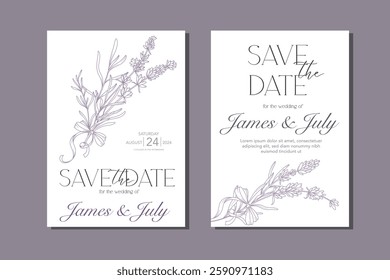 Line Art Lavender Flowers. Lavender Wedding Invitation template, Outline Lavender Flowers Minimalist Wedding Design, Summer Wedding invite template