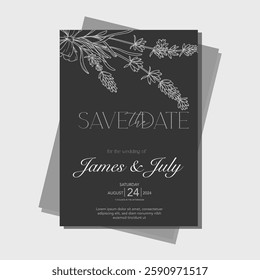 Line Art Lavender Flowers. Lavender Wedding Invitation template, Outline Lavender Flowers Minimalist Wedding Design, Summer Wedding invite template