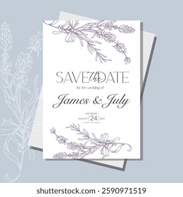 Line Art Lavender Flowers. Lavender Wedding Invitation template, Outline Lavender Flowers Minimalist Wedding Design, Summer Wedding invite template