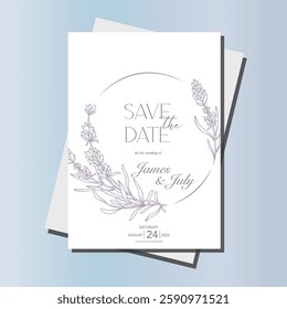 Line Art Lavender Flowers. Lavender Wedding Invitation template, Outline Lavender Flowers Minimalist Wedding Design, Summer Wedding invite template