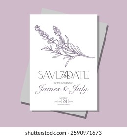 Line Art Lavender Flowers. Lavender Wedding Invitation template, Outline Lavender Flowers Minimalist Wedding Design, Summer Wedding invite template