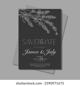 Line Art Lavender Flowers. Lavender Wedding Invitation template, Outline Lavender Flowers Minimalist Wedding Design, Summer Wedding invite template