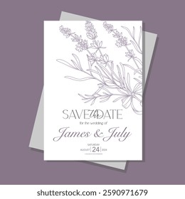 Line Art Lavender Flowers. Lavender Wedding Invitation template, Outline Lavender Flowers Minimalist Wedding Design, Summer Wedding invite template