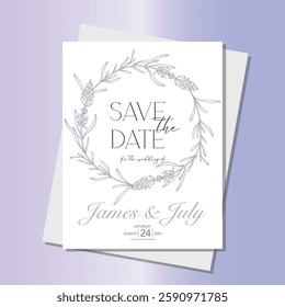 Line Art Lavender Flowers. Lavender Wedding Invitation template, Outline Lavender Flowers Minimalist Wedding Design, Summer Wedding invite template