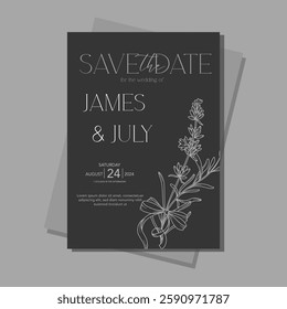 Line Art Lavender Flowers. Lavender Wedding Invitation template, Outline Lavender Flowers Minimalist Wedding Design, Summer Wedding invite template