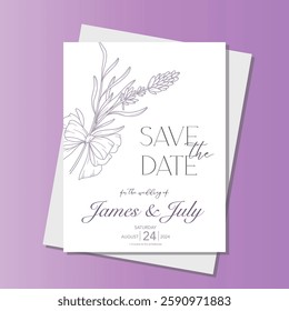 Line Art Lavender Flowers. Lavender Wedding Invitation template, Outline Lavender Flowers Minimalist Wedding Design, Summer Wedding invite template