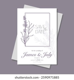 Line Art Lavender Flowers. Lavender Wedding Invitation template, Outline Lavender Flowers Minimalist Wedding Design, Summer Wedding invite template