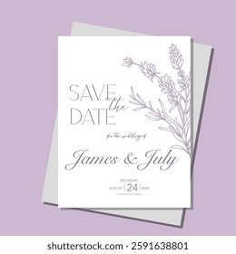 Line Art Lavender Flowers. Lavender Wedding Invitation template, Outline Lavender Flowers Minimalist Wedding Design, Summer Wedding invite template