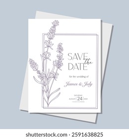 Line Art Lavender Flowers. Lavender Wedding Invitation template, Outline Lavender Flowers Minimalist Wedding Design, Summer Wedding invite template