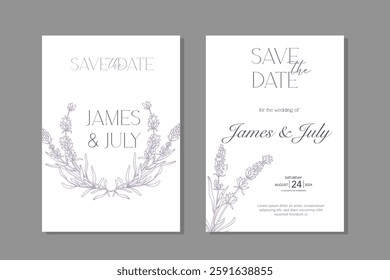 Line Art Lavender Flowers. Lavender Wedding Invitation template, Outline Lavender Flowers Minimalist Wedding Design, Summer Wedding invite template