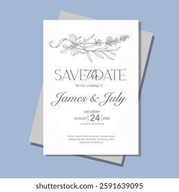 Line Art Lavender Flowers. Lavender Wedding Invitation template, Outline Lavender Flowers Minimalist Wedding Design, Summer Wedding invite template