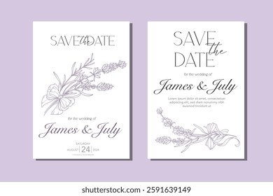 Line Art Lavender Flowers. Lavender Wedding Invitation template, Outline Lavender Flowers Minimalist Wedding Design, Summer Wedding invite template