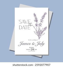 Line Art Lavender Flowers. Lavender Wedding Invitation template, Outline Lavender Flowers Minimalist Wedding Design, Summer Wedding invite template