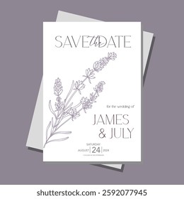 Line Art Lavender Flowers. Lavender Wedding Invitation template, Outline Lavender Flowers Minimalist Wedding Design, Summer Wedding invite template