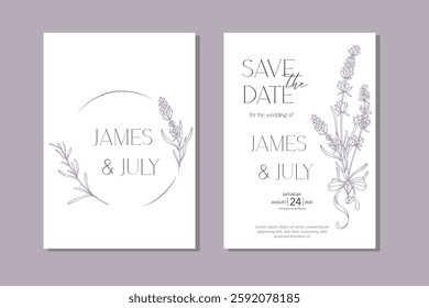 Line Art Lavender Flowers. Lavender Wedding Invitation template, Outline Lavender Flowers Minimalist Wedding Design, Summer Wedding invite template