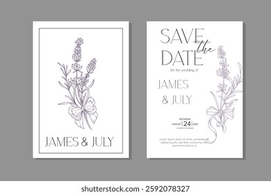 Line Art Lavender Flowers. Lavender Wedding Invitation template, Outline Lavender Flowers Minimalist Wedding Design, Summer Wedding invite template