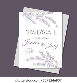 Line Art Lavender Flowers. Lavender Wedding Invitation template, Outline Lavender Flowers Minimalist Wedding Design, Summer Wedding invite template