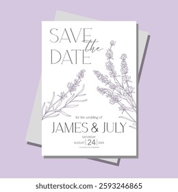 Line Art Lavender Flowers. Lavender Wedding Invitation template, Outline Lavender Flowers Minimalist Wedding Design, Summer Wedding invite template