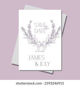 Line Art Lavender Flowers. Lavender Wedding Invitation template, Outline Lavender Flowers Minimalist Wedding Design, Summer Wedding invite template