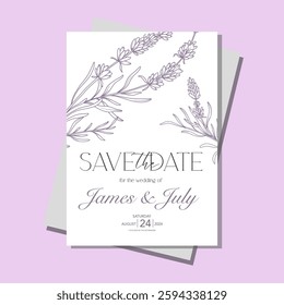 Line Art Lavender Flowers. Lavender Wedding Invitation template, Outline Lavender Flowers Minimalist Wedding Design, Summer Wedding invite template