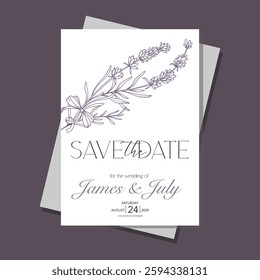 Line Art Lavender Flowers. Lavender Wedding Invitation template, Outline Lavender Flowers Minimalist Wedding Design, Summer Wedding invite template