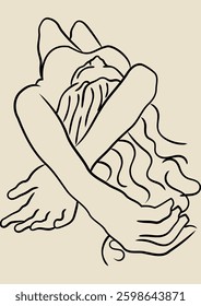 Line art of a laying woman seen from behind the head