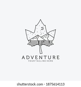 Line Art Leaf Adventure Mountain Logo Vector Design Illustration