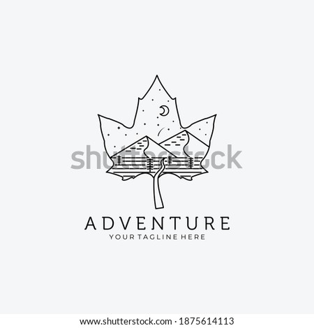 Line Art Leaf Adventure Mountain Logo Vector Design Illustration