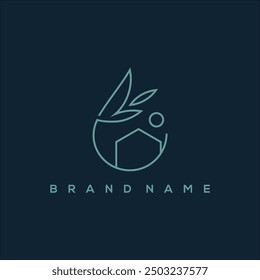 line art leaf drop with house and sun logo vector