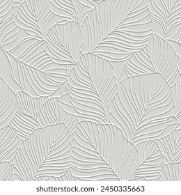 Line art Leafy emboss textured surface white 3d seamless pattern. Embossed relief leaves vector background. Beautiful repeat botanical grunge backdrop. Foliage ornaments with leaves. Endless texture.