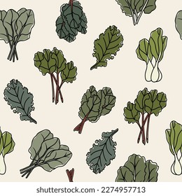 Line art leafy greens background. Spinach, kale, collard, Swiss chard, bok choy, rhubarb