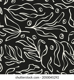 Line art leaves and circles seamless repeat pattern. Random placed, vector botanical herbs and branches all over print on black background.