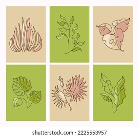 Line art leaves and flowers, boho leaf drawing. Minimal autumn and summer plants, fashion decor, minimalist botanical shapes. Organic posters and cards. Vector abstract current illustration