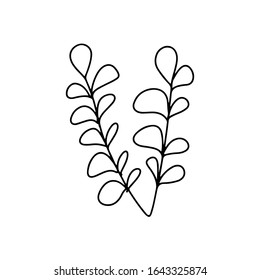 Line art with leaves, grass and botanical illustration. Modern nature art. Garden elements hand drawn. Leaf with continuous lines