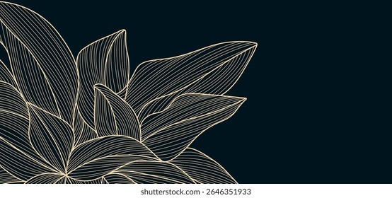 Line Art Leaves Luxury Background. Line Art Elegant Minimalist Floral Banner Design. Flowers Ornament. Linear Hand Drawn Nature Wallpaper Template. Vector Illustration. Not AI