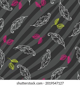 Line Art leaves on Black Zebra background Vector Seamless Pattern