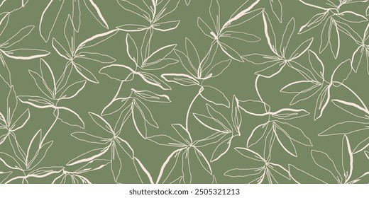 Line Art Leaves Seamless Pattern. Leaf Print. Abstract Leaves Hand Drawn Botanical Pattern for Textile Design, Surface, Prints. Vector EPS 10