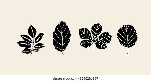 Line art leaves set. Elder, beech, chestnut, alder