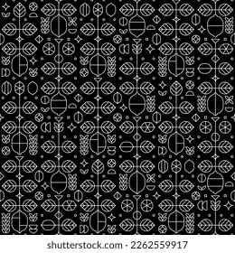 Line art of lemon fruit elements, flowers, leaves and various geometric shapes. Abstract illustration of fresh fruits cut theme. Simple seamless pattern, white outline silhouette on black background.